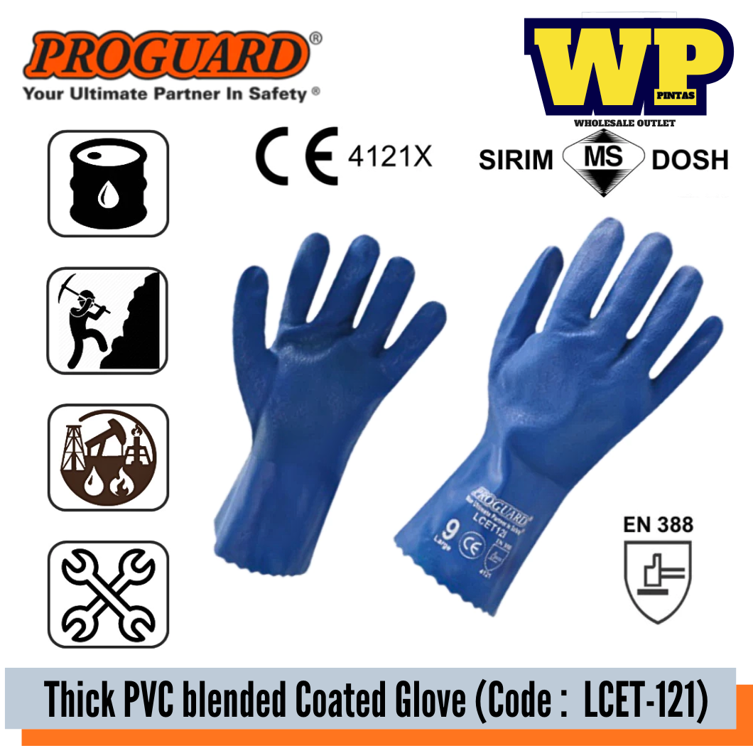 PROGUARD - 12" HEAVY DUTY PVC COATED GLOVE WITH COTTON LINING (SIRIM & DOSH) - ALL SIZE / PVC COATED GLOVE / ABRASION GLOVE / CUT RESISTANT GLOVE / TEAR RESISTANT GLOVE / CHEMICAL RESISTANT GLOVE / GRIP GLOVE / HAND PROTECTION / GLOVE / LCET-121