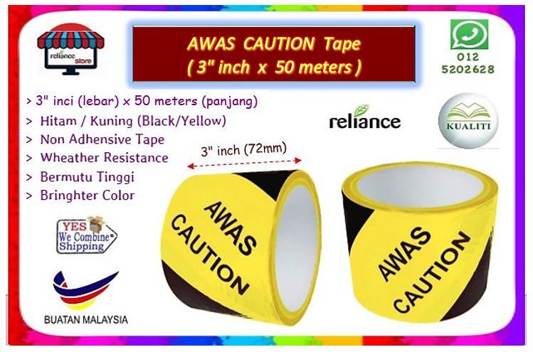 AWAS Tape (Black / Yellow) *Non Adhesive / Caution Tape / Film Tape / Safety Tape / Warning Tape / Barricade Tape # Saiz : 72mm (lebar) x 50 Meter (panjang) # Warna : Hitam & Kuning # Pita Keselamatan # Tanpa Pelekat # RP0699 ( KTT : 1 Gulung )