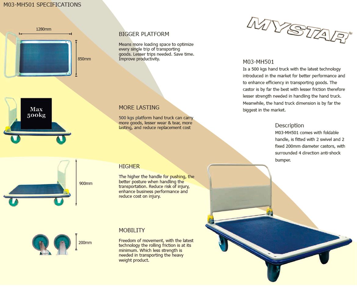 Mystar MH501: 4 Wheels Foldable Trolley, Loading Capacity: 500kg, Dimensions: 1280mm x 850mm