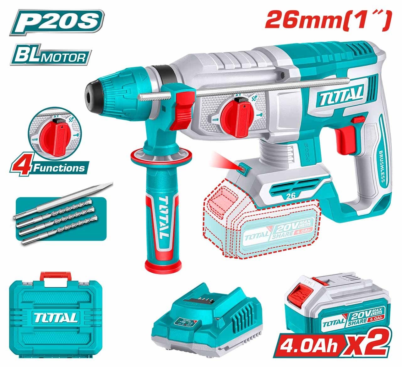 Total Li-ion 20V Brushless Rotary Hammer 26mm TRHLI20268