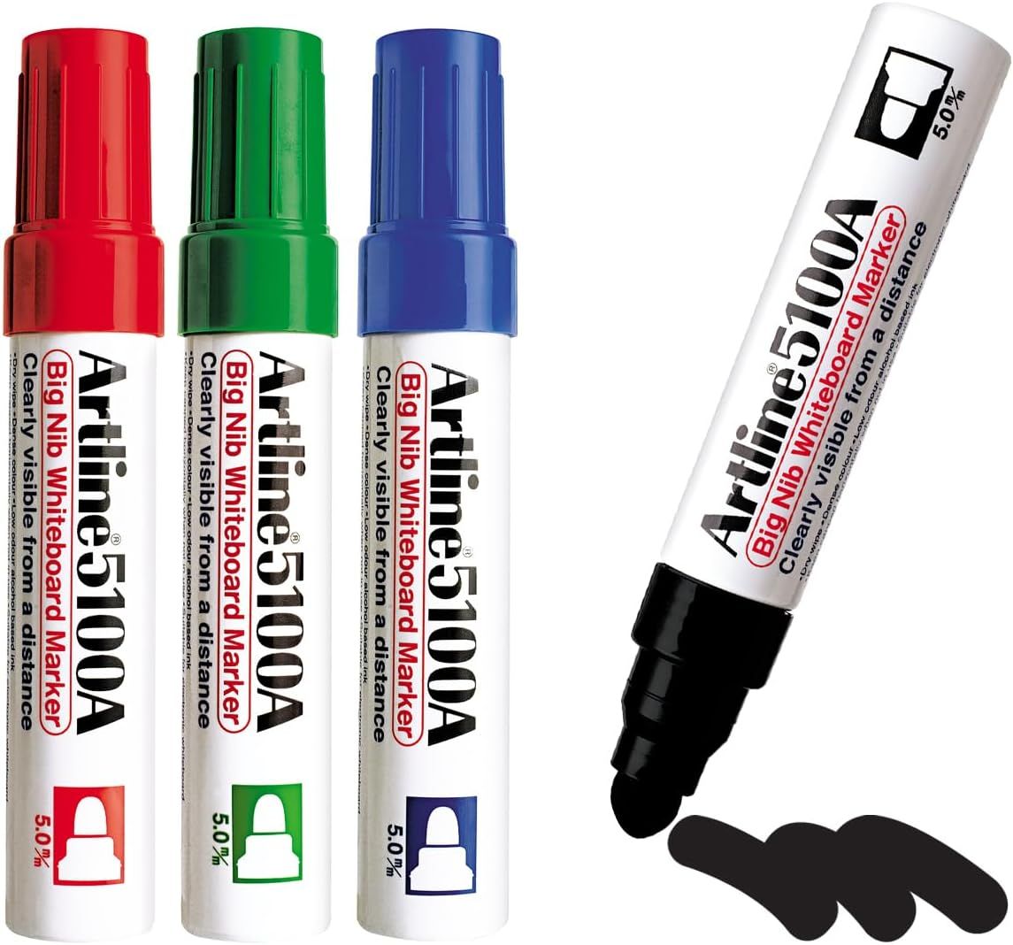 Artline 5100A / 5109A Whiteboard Marker Box Set (6pcs) – Big Nib 5.0mm / 10.0mm | 4 Colours | Refillable 5100A - Green