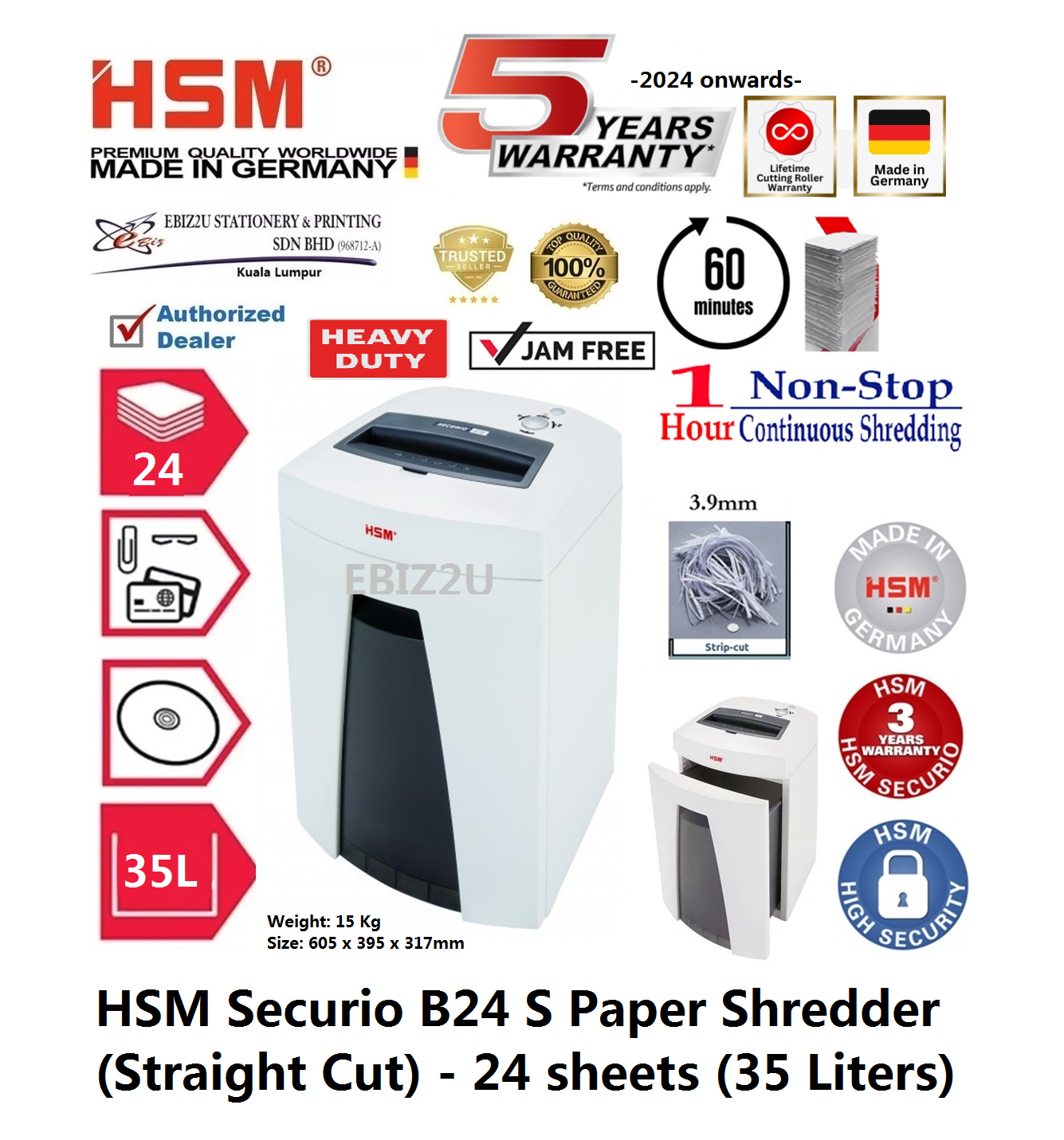 HSM Securio B24 S Paper Shredder (Straight Cut)-24 sheets (33 Liters) ( B24S, Strip Cut, Straight Cut, Paper Shredder, Shredder Machine, Office Automation, Office Shredder, Mesin Penghancur Kertas, Heavy Duty Shredder, Heavy Duty Paper Shredder)