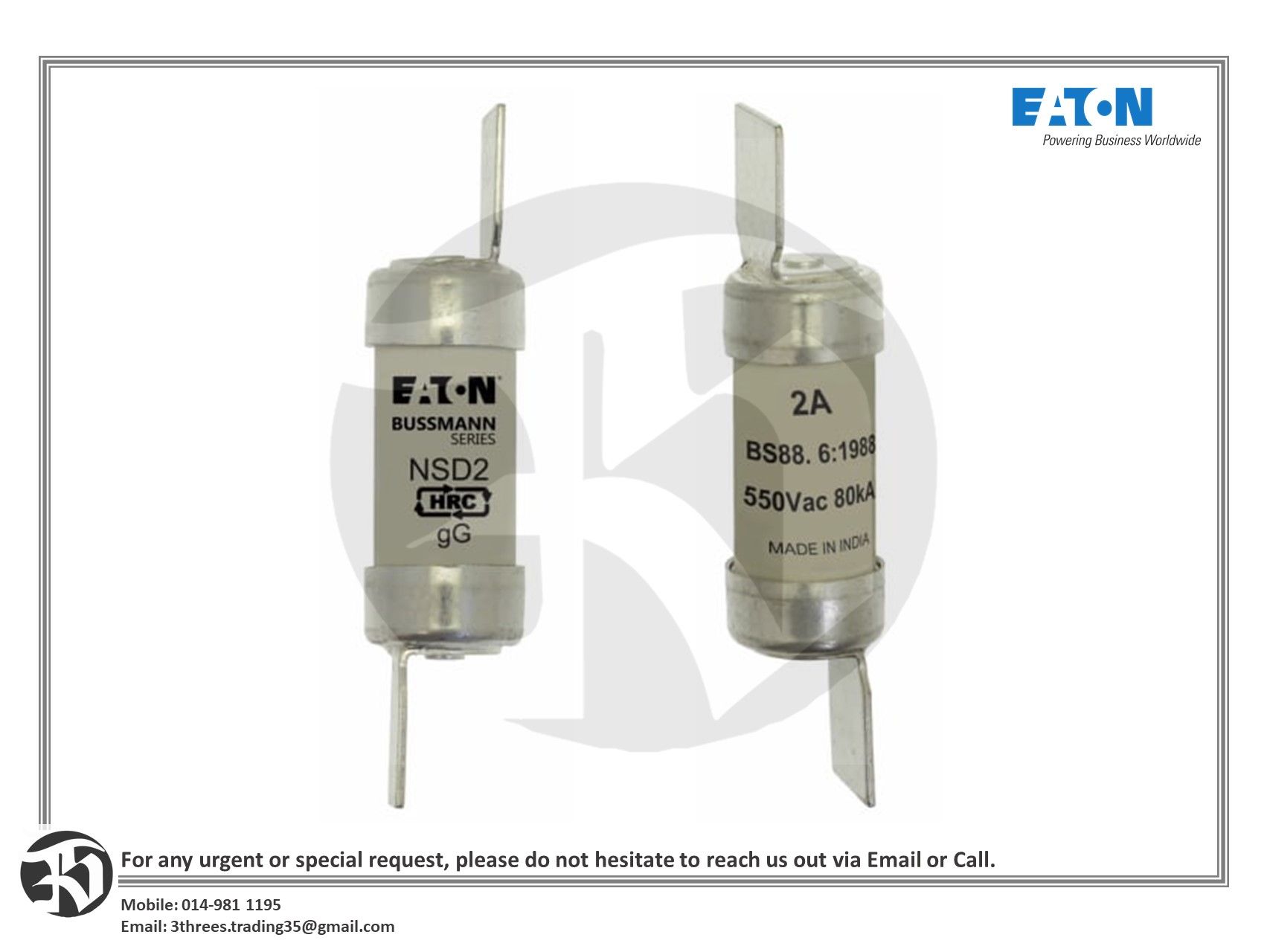 Eaton 2A Fuse, High Rupturing Capacity (HRC), NSD 550VAC