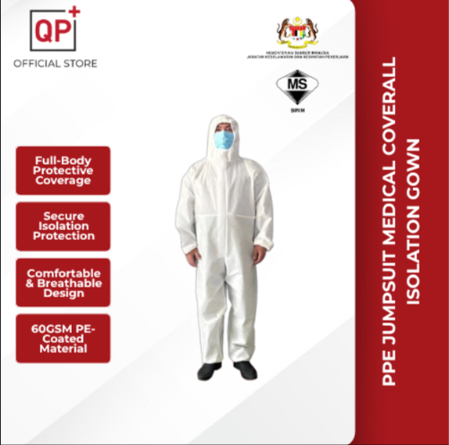 PPE SUIT MEDICAL JUMPSUIT ISOLATION GOWN 60GSM WITH PE COATED 100%  l SUT PELINDUNG l 防护服-XXL