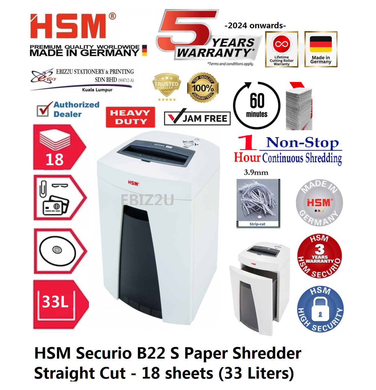HSM Securio B22 S Paper Shredder Straight Cut - 18 sheets (33 Liters) ( B22S, Strip Cut, Straight Cut, Paper Shredder, Shredder Machine, Office Automation, Office Shredder, Mesin Penghancur Kertas, Heavy Duty Shredder, Heavy Duty Paper Shredder)