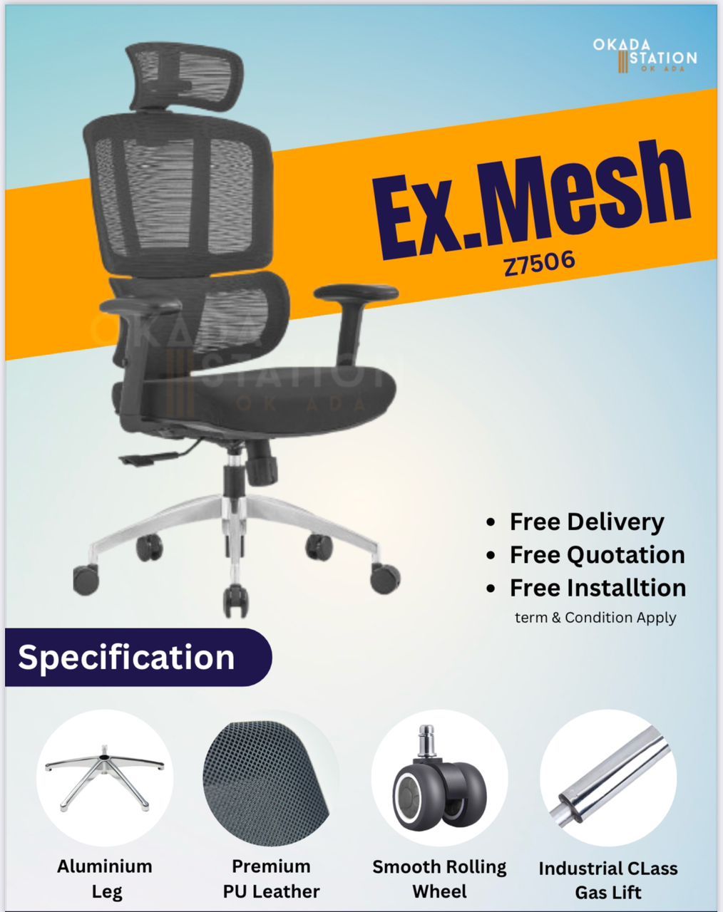 OK EXECUTIVE HIGH BACK MESH CHAIR / OK7506HB / ERGONOMIC CHAIR / ALLUMINIUM BASE / ERGONOMIC MESH CHAIR / HIGH BACK CHAIR