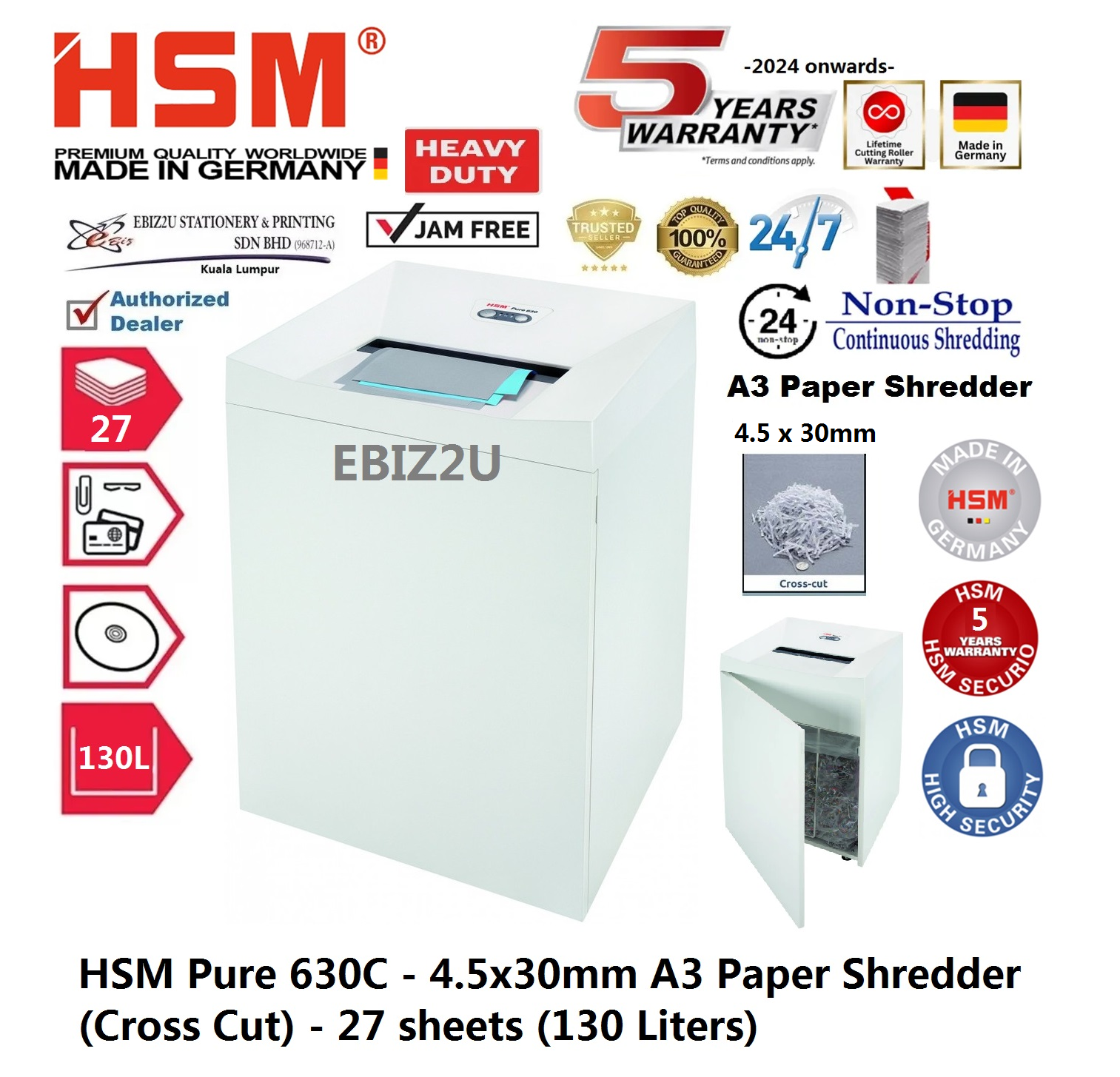 HSM Pure 630 Cross Cut shreds up to 22 sheets A3 -130 Liters Non-Stop Continuous Operation Shredder (Cross Cut, Paper Shredder, Shredder Machine, Office Automation, Office Shredder, Mesin Penghancur Kertas, Heavy Duty Shredder, Heavy Duty Paper Shred