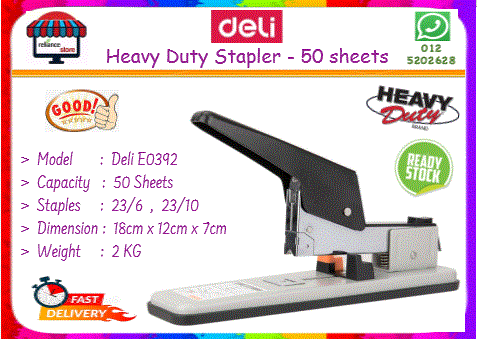 Deli Heavy Duty Stapler - 50 Sheets / DELI Stapler # Capacity : 50 Keping Kertas # E0392 # RS1129 ( KTT : 1 Unit )