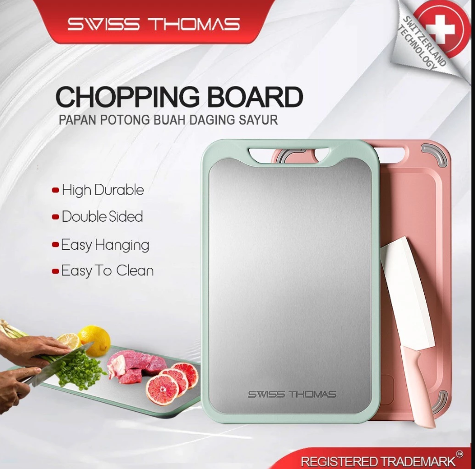 SwissThomas Papan Memotong Doublesided Cutting Board StainlessSteel Multifunctional Cut Vegetable Meat Chopping Boards