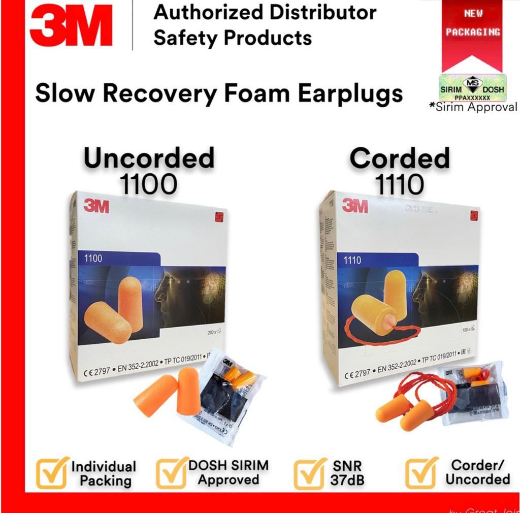 3M Earplug 1100 / 1110 Soft Foam Earplugs SNR 37 dB/ DOSH SIRIM Approved / Uncorded or Corded Disposable