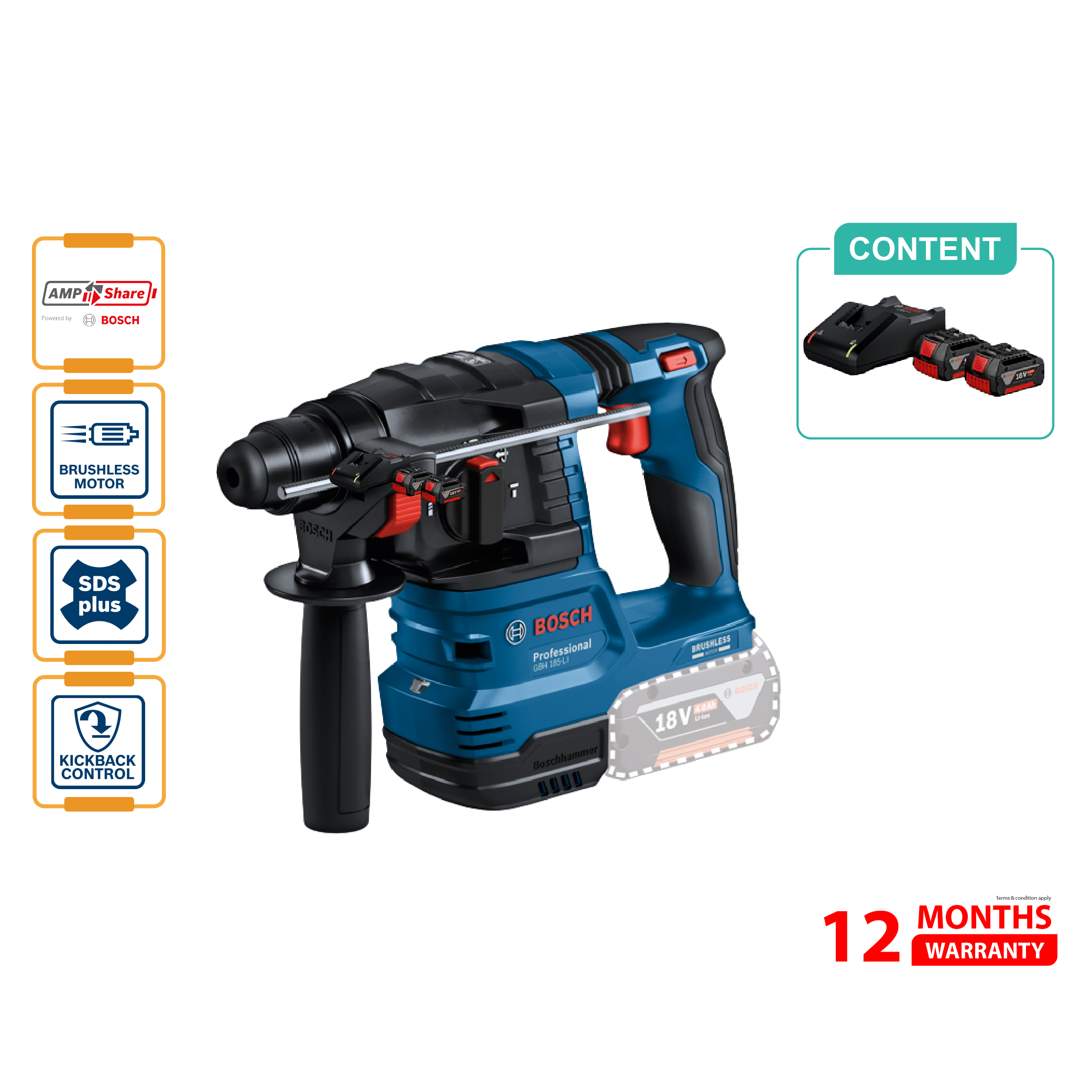 BOSCH GBH 185 LI Brushless Rotary Hammer Set (With SDS Plus) - 06119240L1