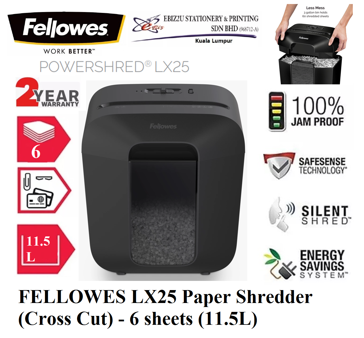 FELLOWES LX25 Paper Shredder (Cross Cut) - 6 sheets (11.5L) - (Cross Cut, Paper Shredder, Shredder Machine, Office Shredder, Heavy Duty Shredder, Mesin Penghancur Kertas)