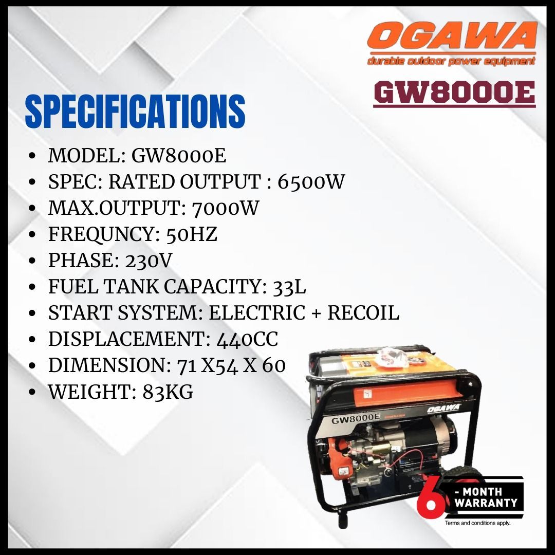 OGAWA 7000Watt Professional Gasoline Generator Petrol Genset GW8000E
