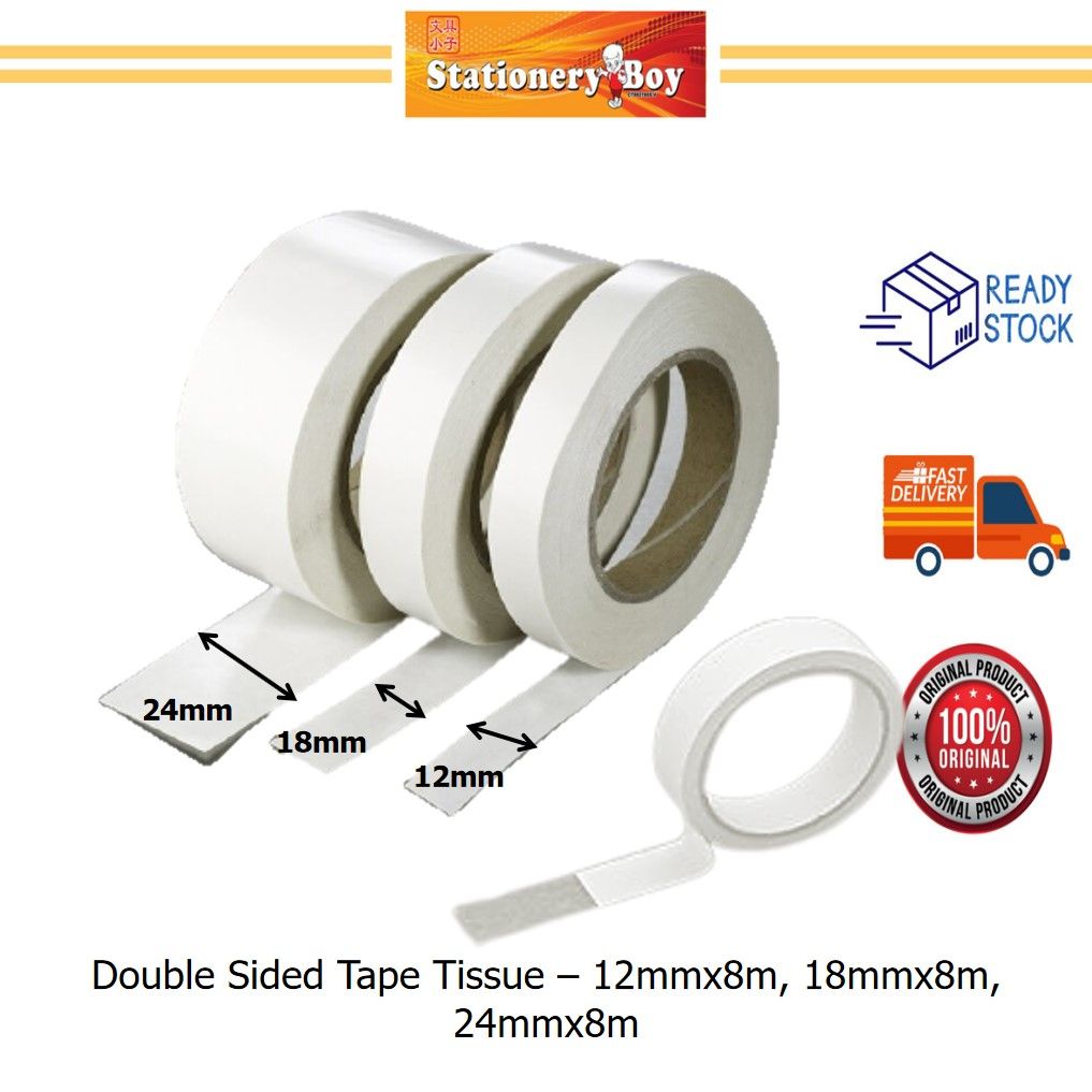 Double Sided Tape Tissue / Pita Pelekat Dua Belah Nipis - 12mmx8m, 18mmx8m, 24mmx8m