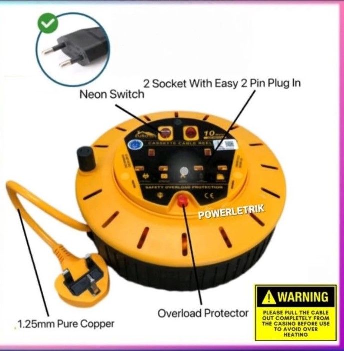 2GANG 13A 3120W 10 METER HEAVY DUTY CASSETTE CABLE REEL PORTABLE EXTENSION CORD WITH SAFETY OVERLOAD