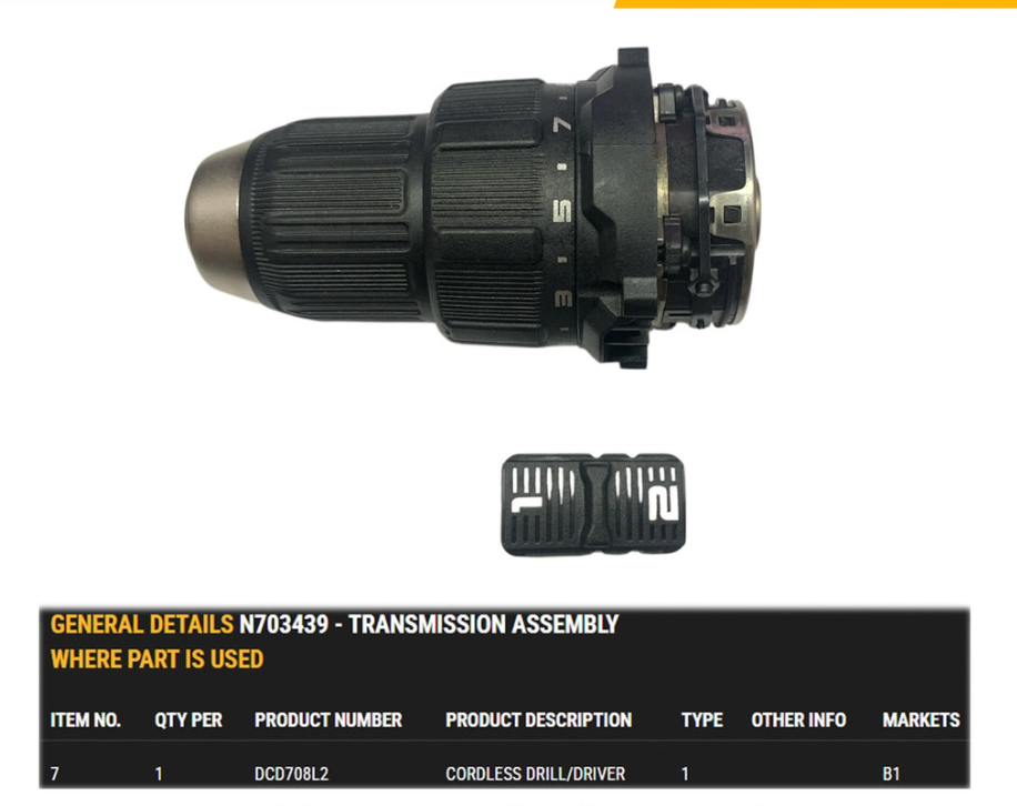 DEWALT N703439 TRANSMISSION ASSEMBLY DCD708
