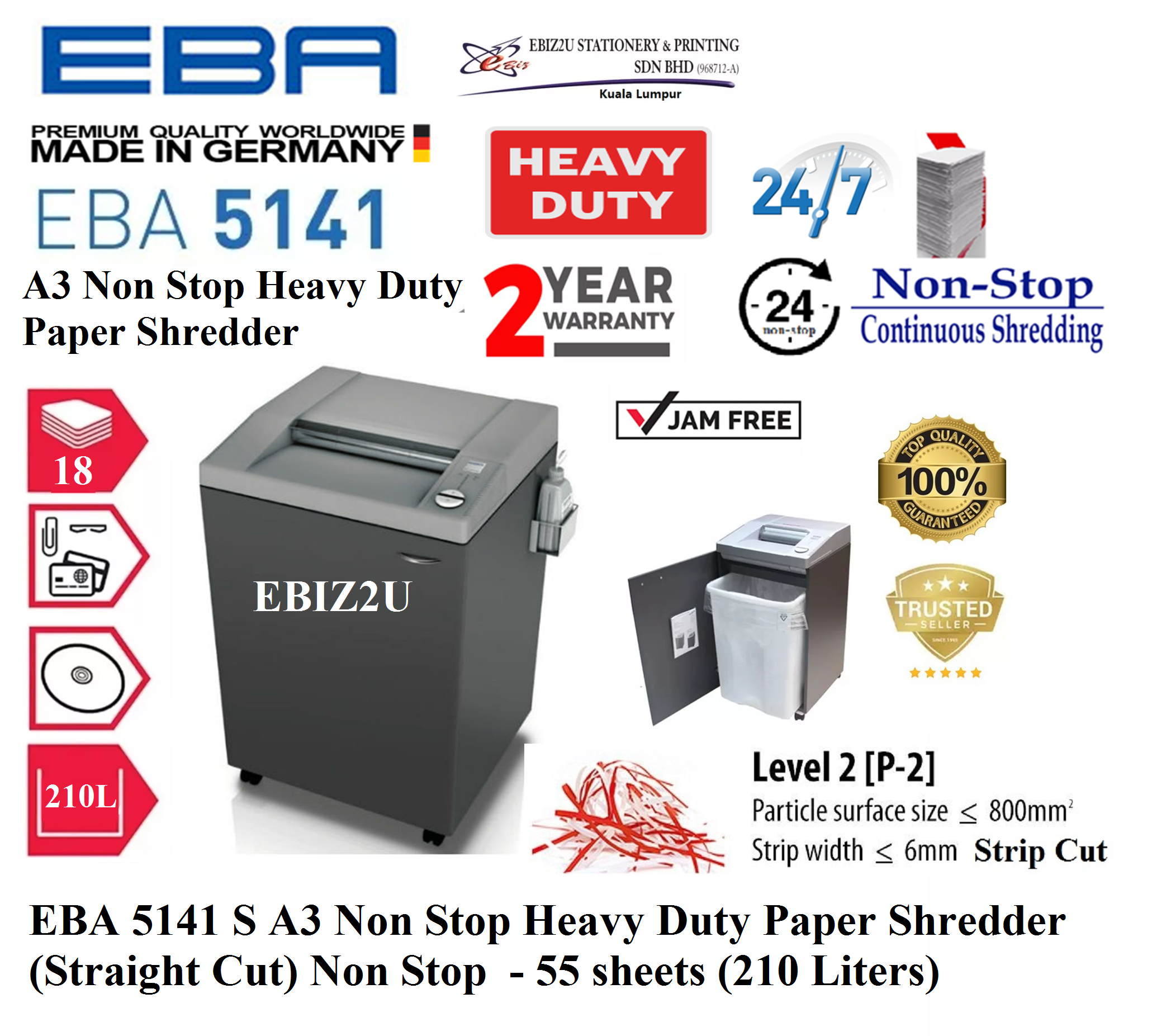 EBA 5141 S Paper Shredder (Straight Cut) - 55 sheets (210 Liters) Paper Shredder,Shredder Machine, Heavy Duty A3 Paper Shredder, Cross Cut, Office Shredder,Mesin Penghancur Kertas, Heavy Duty Shredder, Heavy Duty Paper Shredder, Heavy Duty