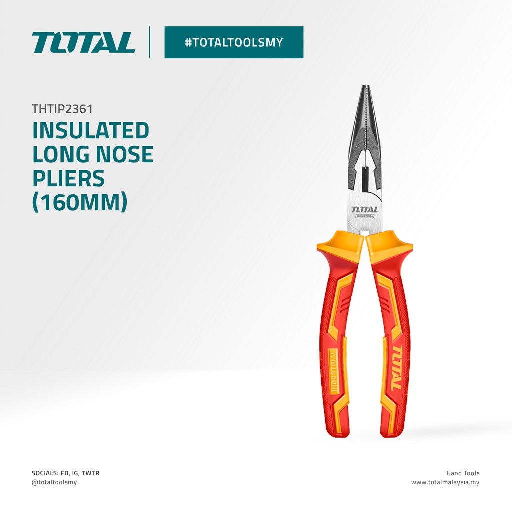TOTAL INSULATED LONG NOSE PLIERS FOR VOLTAGE RANGE UP TO 1000V CR-V STEEL (160MM/6") THTIP2361 (VDE Approved Certifications)