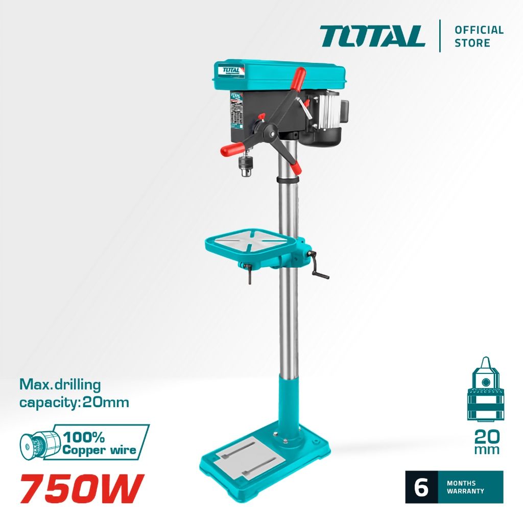TOTAL DRILL PRESS (750W/20MM) WITH PURE COPPER WIRE CARBON BRUSH MOTOR TDP207505