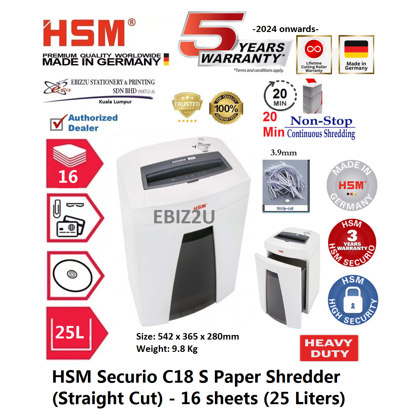 HSM Securio C18 S Paper Shredder (Straight Cut) - 16 sheets (25 Liters) ( C18S, Strip Cut, Straight Cut, Paper Shredder, Shredder Machine, Office Automation, Office Shredder, Mesin Penghancur Kertas, Heavy Duty Shredder, Heavy Duty Paper Shredder)