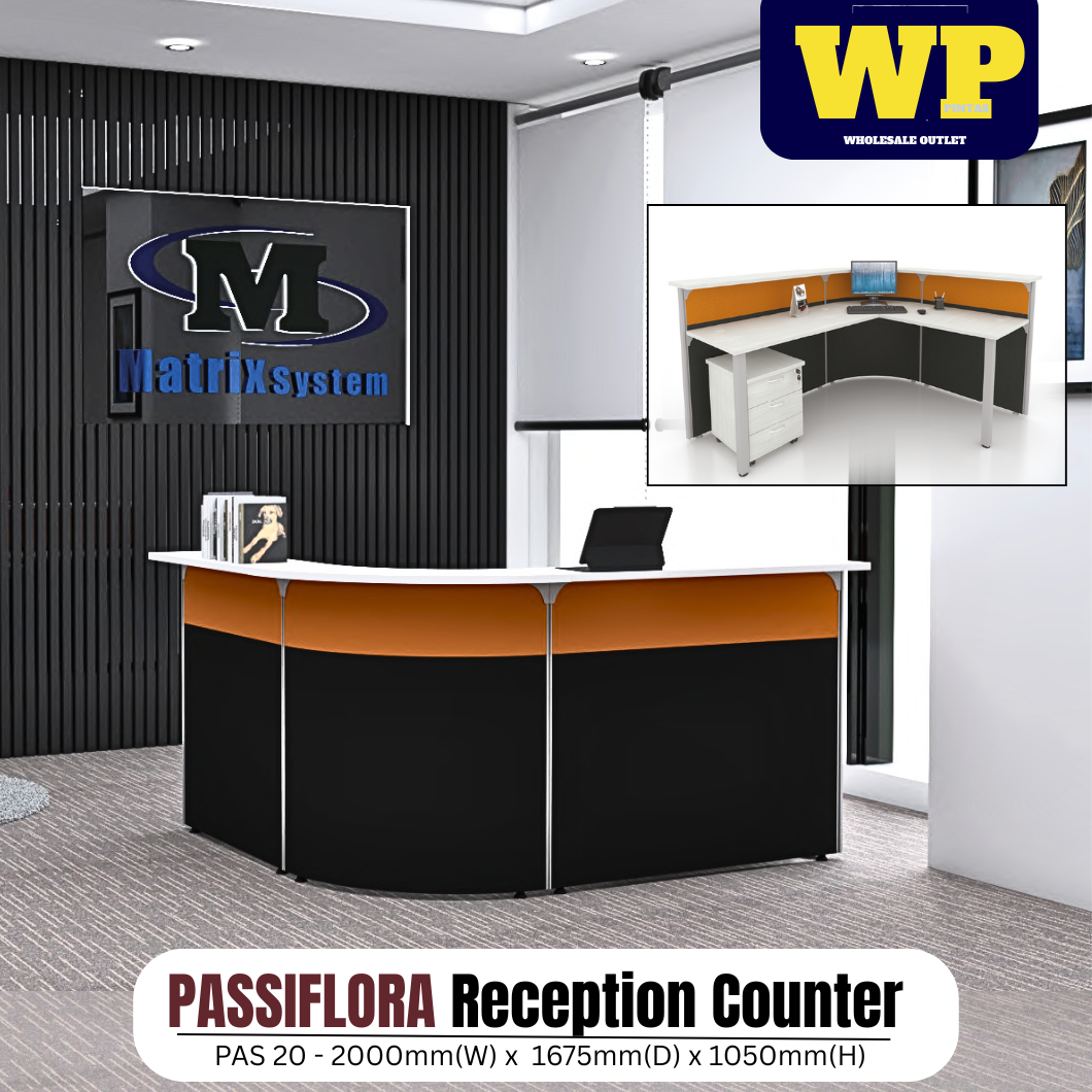FOX(MATRIX SYSTEM) PASSIFLORA RECEPTION COUNTER (2000(W) x 1675(D) x 1050(H)MM) / FOX / MATRIX SYSTEM / RECEPTION TABLE / CASHIER COUNTER / RECEPTIONIST TABLE / RECEPTION DESK / COUNTER TABLE / OFFICE COUNTER / MEJA PENYAMBUT TETAMU / MEJA KAUNTER / PAS 20