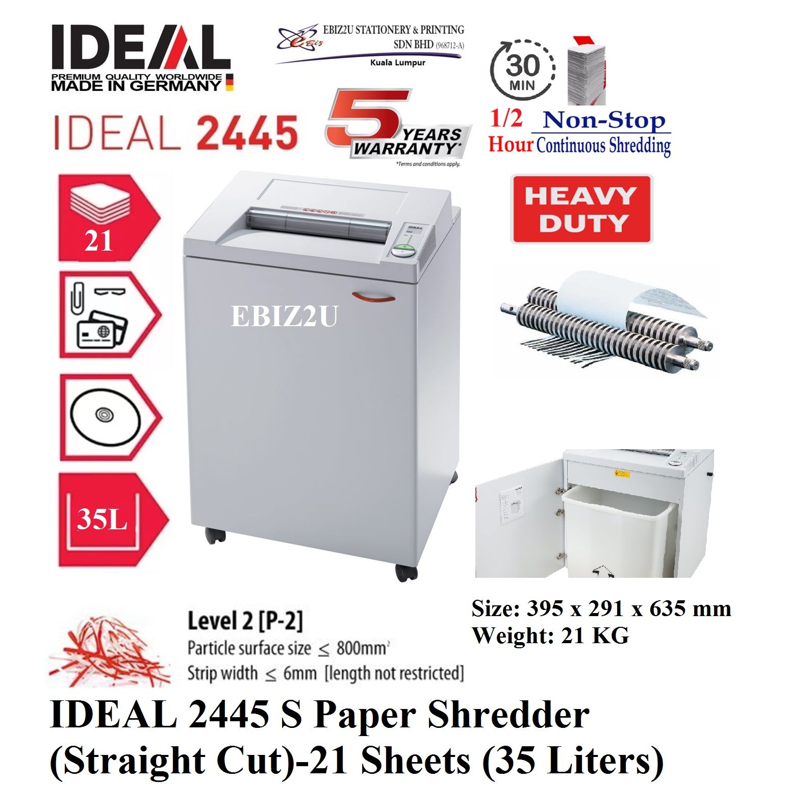 IDEAL 2445 S Paper Shredder (Straight Cut -4mm)-21 Sheets (35 Liters) (30 min non stop, Strip Cut, Straight Cut, 2445S, Shredder Machine, Office Automation, Office Shredder, Mesin Penghancur Kertas, Heavy Duty Shredder, Heavy Duty Paper Shre