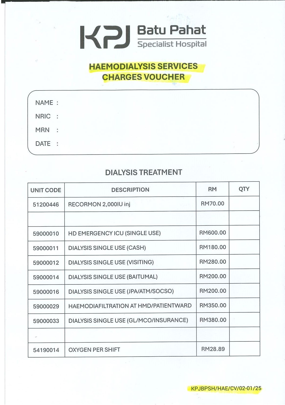 Haemodialysis Services Charges Voucher