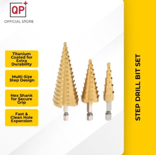 STEP DRILL BIT SET TITANIUM COATED CONE TAPER HEX DRILL BITS CENTER STEP DRILL (4-12/20/32MM) l GERUDI l 电钻-4MM-20MM