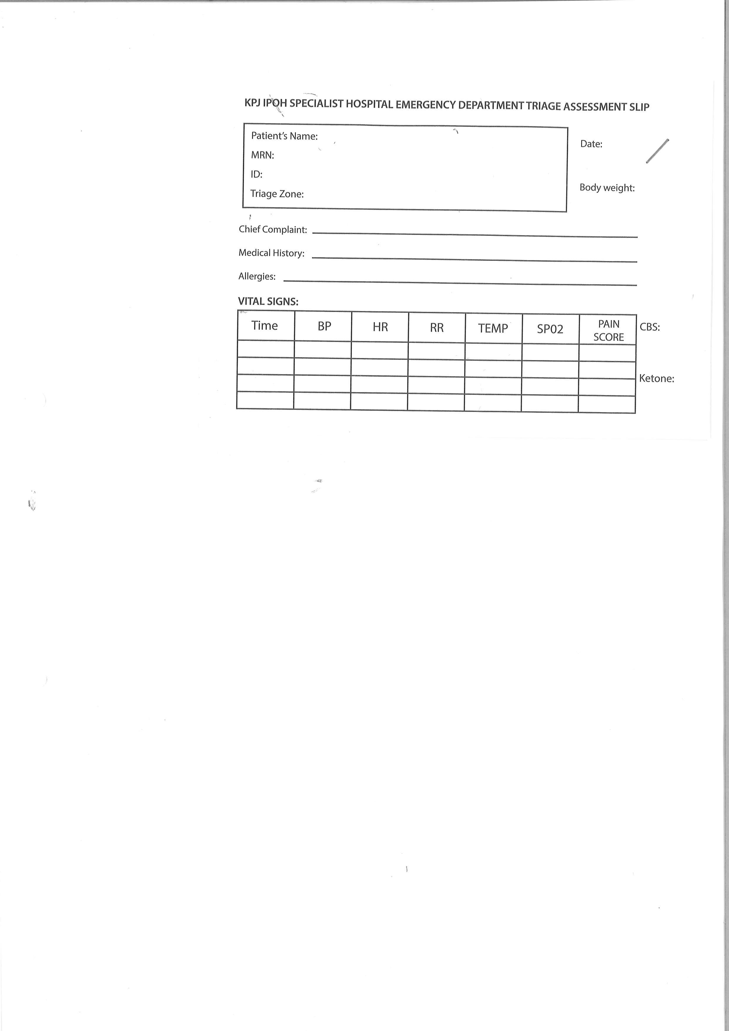 ISH EMERGENCY DEPARTMENT TRAIGE ASESSMENT SLIP