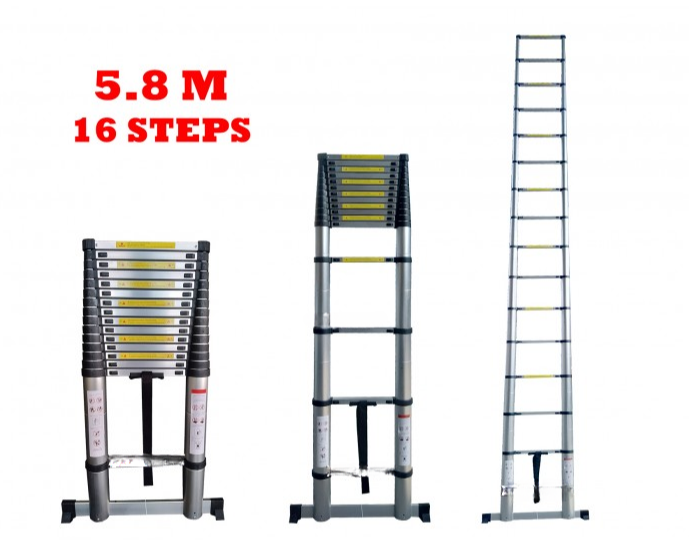 HIGH QUALITY ALUMINIUM TELESCOPIC EXTENDABLE LADDER 5.8M WITH 16 STEPS