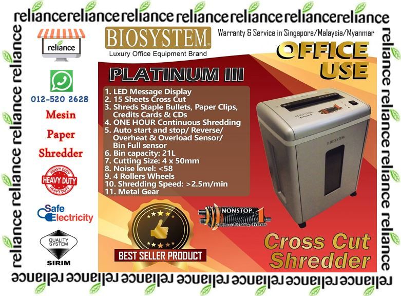 Biosystem Paper Shredder Platinum III / Mesin Pemotong Kertas / Mesin Perincih # 15 Sheets Cutting # Heavy Duty # Cross Cut # Cut Paper Clip / Credit Card & CDs # Germany Technology # RP0209 ( KTT : 1 Unit )