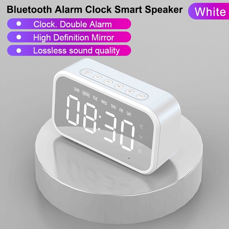 Bluetooth Speaker Wireless with FM Radio LED Mirror Alarm Clock Subwoofer Music Player Desktop Clock