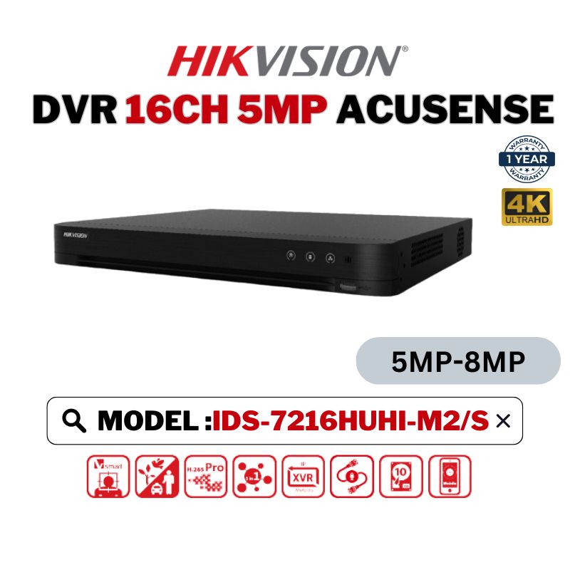 HIKVISION CCTV DVR 16CH Digital Video Decorder AcuSense 16 Channel 5MP-8MP DVR iDS-7216HUHI-M2/S (2TB)