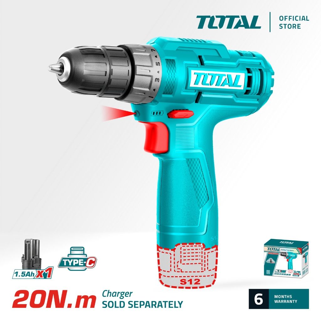 TOTAL LI-ION CORDLESS DRILL (12V/20NM/10MM) + 1.5AH BATTERY (USB TYPE-C CHARGING) S12 TDLI12428