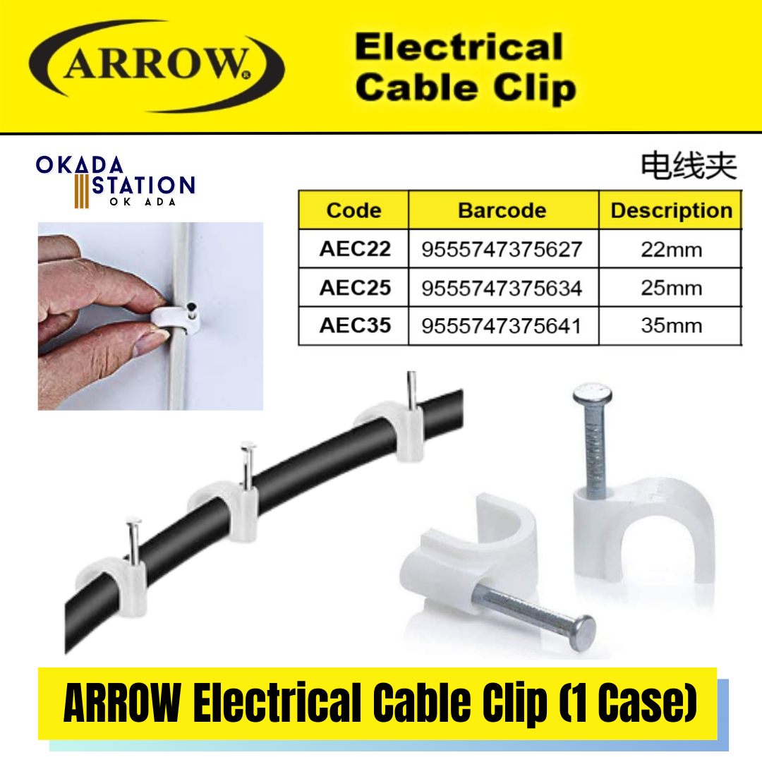 ARROW Electrical Cable Clip (1 Case) - All Size (AEC22-AEC35) / ARROW Cable Clips / Electrical Cable Clip / Cable Organizer Clip / Wire Nail Clamps / U Nail Wire Cable clip / Cable Clip / AEC22 / AEC25 / AEC35 / 22mm / 25mm / 35mm / 1 Case