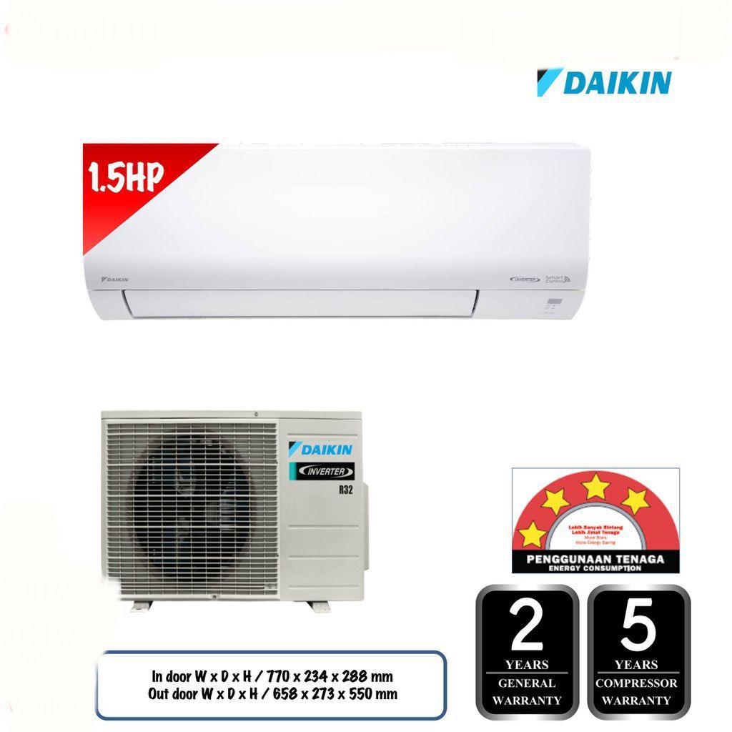 DAIKIN 1.5HP Inverter WALL MOUNTED R32 AIRCOND (No Installation )