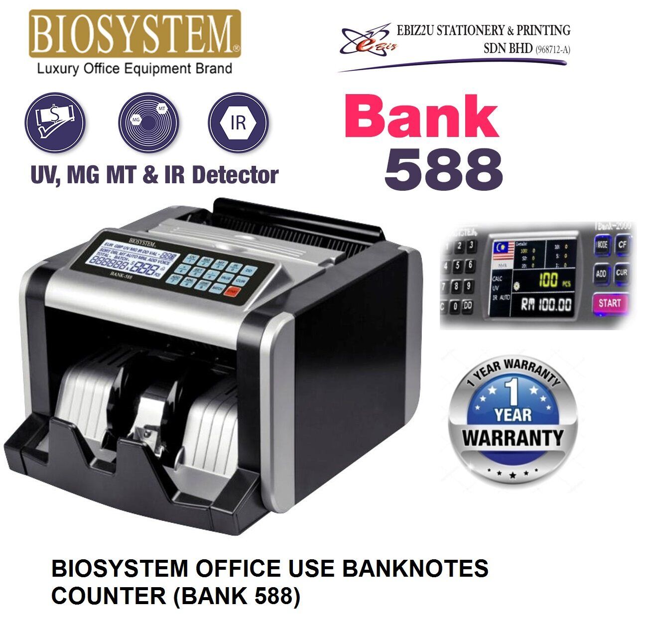 BIOSYSTEM OFFICE USE BANKNOTES COUNTER (BANK 588) (note counter machine, Banknote Counter, Bill Counter, Money Counting Machine, Money Notes Counter, Money counter Machine, Cash Machine)