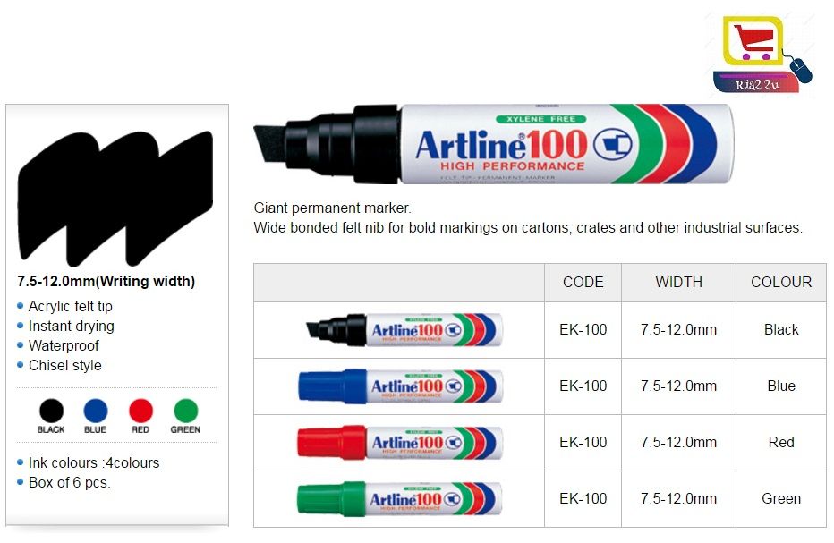 Artline 100 Permanent Marker Big Nib RTSB (BLUE/BLACK/RED/GREEN)