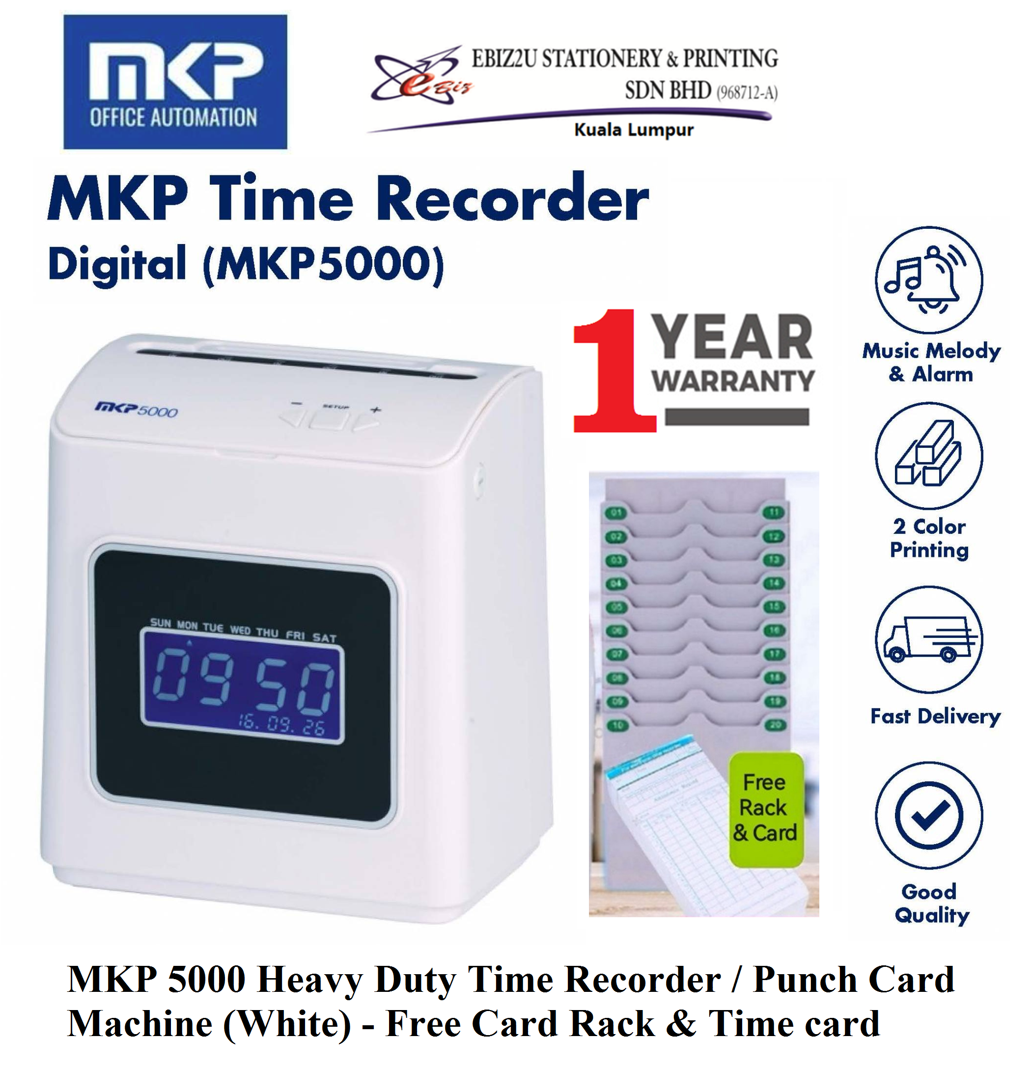 MKP 5000 Heavy Duty Time Recorder / Punch Card Machine (White) - Free Card Rack & Time card (mesin perakam waktu, punch card machine, mesin kad punch, time recorder machine, time recorder)