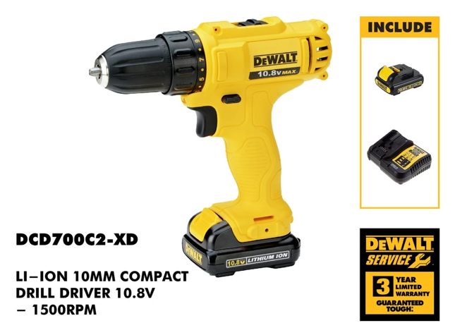 DEWALT DCD700C2-XD LI-ION COMPACT DRILL DRIVER (10.8V/1500RPM/10MM)