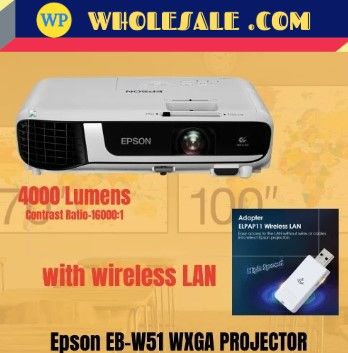 EPSON EB-W51 WXGA 4000 Lumen 3LCD Projector WITH WIRELESS MODULE SET / WITH ELECTRIC PROJECTION SCREEN / EPSON PROJECTOR