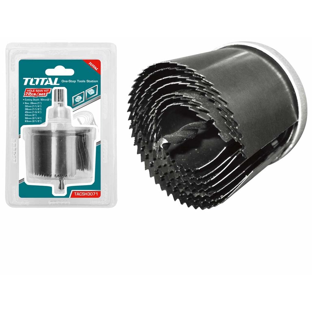 TOTAL HOLE SAW SET SUITABLE FOR WOOD & PVC (26MM X 1"/63MM X 2 1/2"/50MM X 2"/7 PCS) TACSH3071