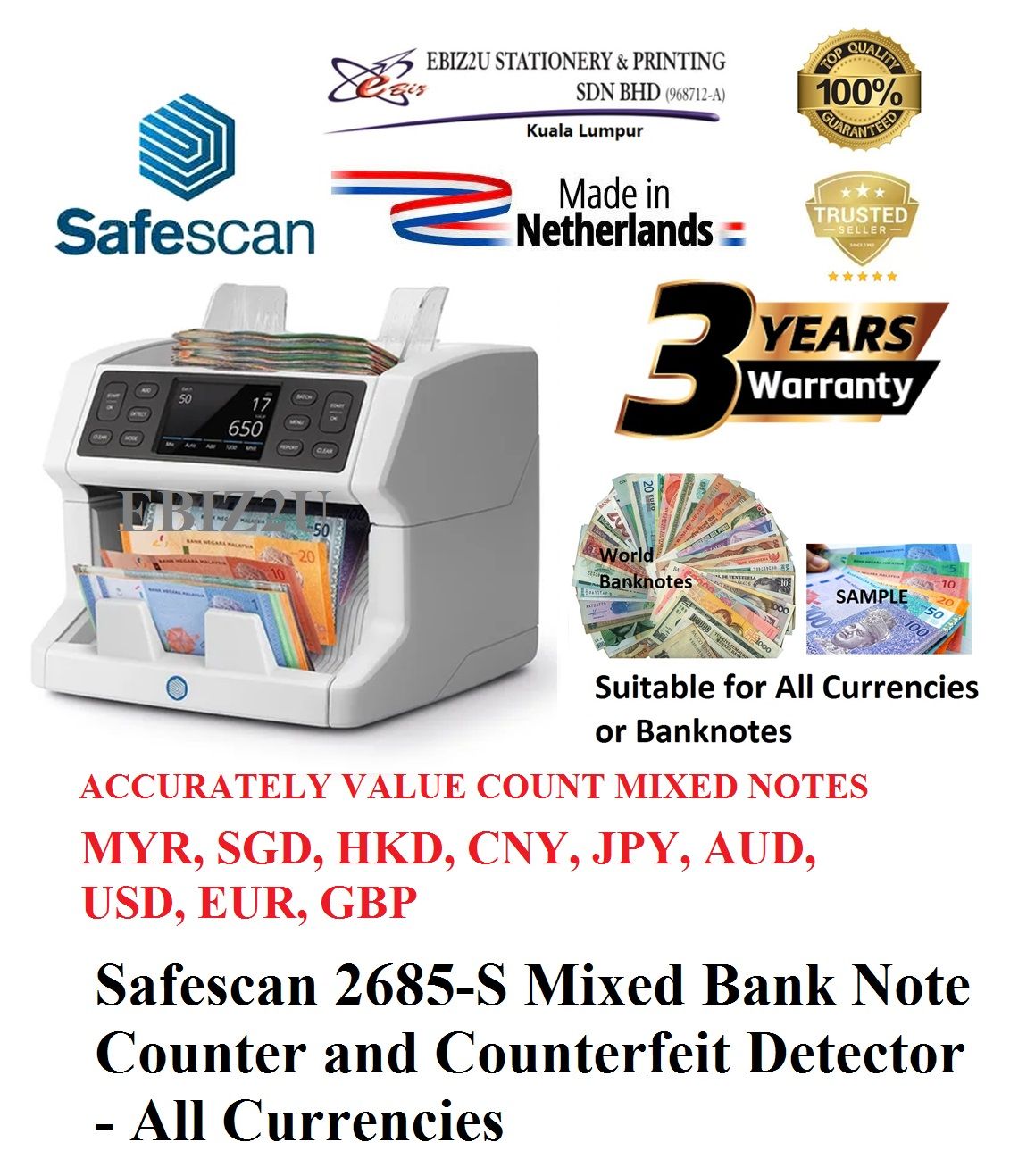 Safescan 2685-S Mixed Bank Note Counter and Counterfeit Detector - (note counter machine, Banknote Counter, Bill Counter, Money Counting Machine, Money Notes Counter, Money counter Machine, Cash Machine)