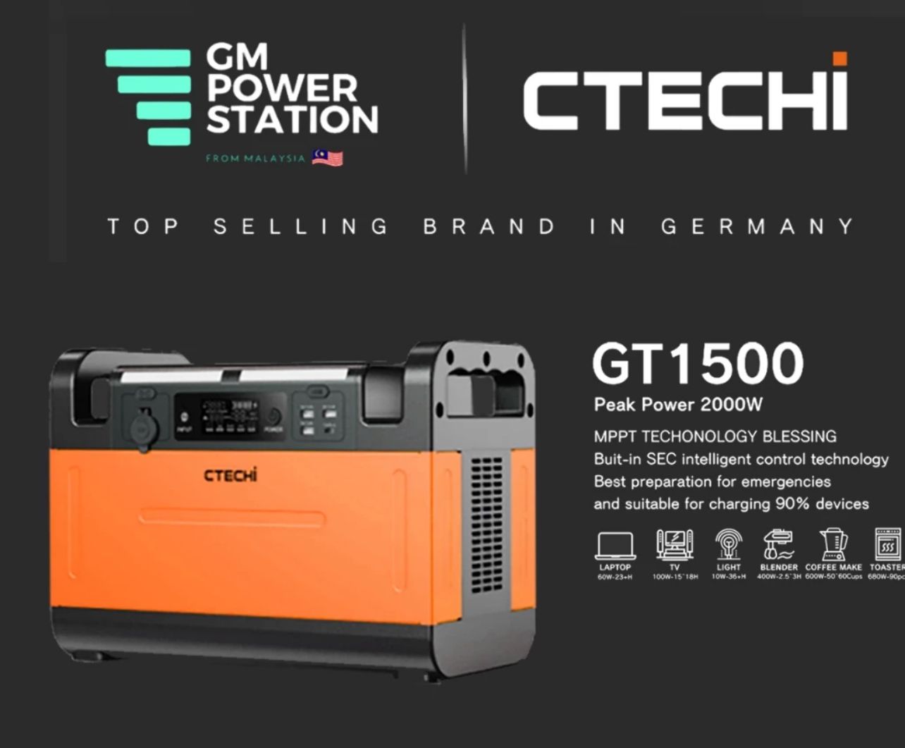 Ctechi Power station 1500w power ctechi surge power 2000w GT1500 camping or daily use orange colour only