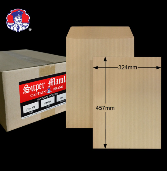 13"X18" SUPER MANILA 110GM GUMMED POCKET ENVELOPE (250'S X 4 BOXES)