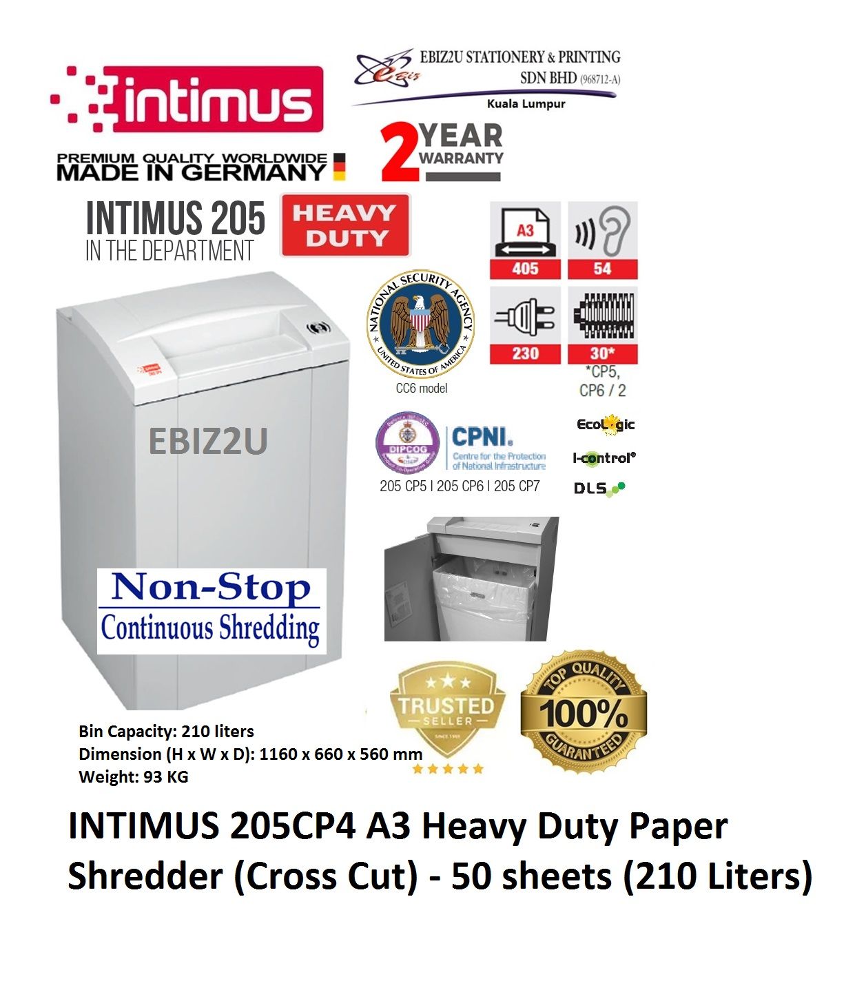 INTIMUS 205 CP4 Paper Shredder (Shred Capacity: 45-50 Sheets, Cross Cut: 4x40mm, Bin Capacity: 205 Liters)_Made in Germany