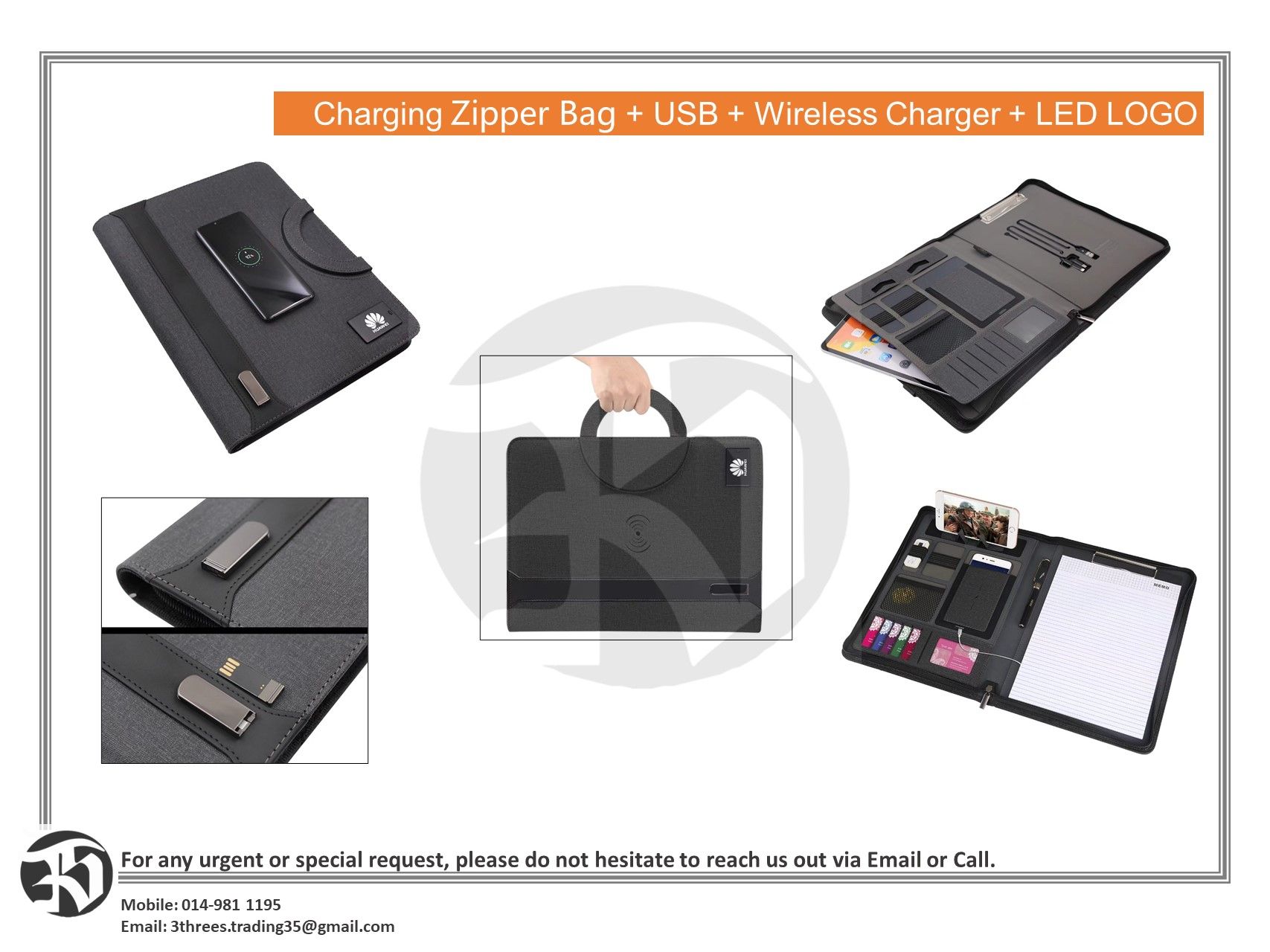 Charging Zipper Bag (USB )Wireless Charger With LED LOGO