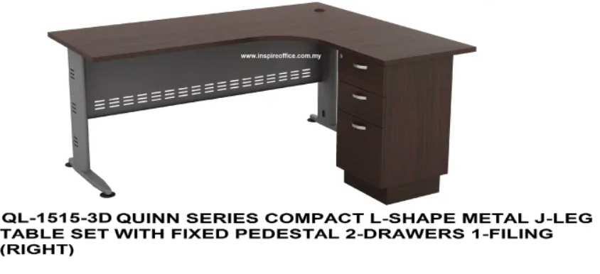 QUINN SERIES QL-1515-3D COMPACT L-SHAPE METAL J-LEG TABLE SET WITH FIXED PEDESTAL 2-DRAWERS 1-FILING