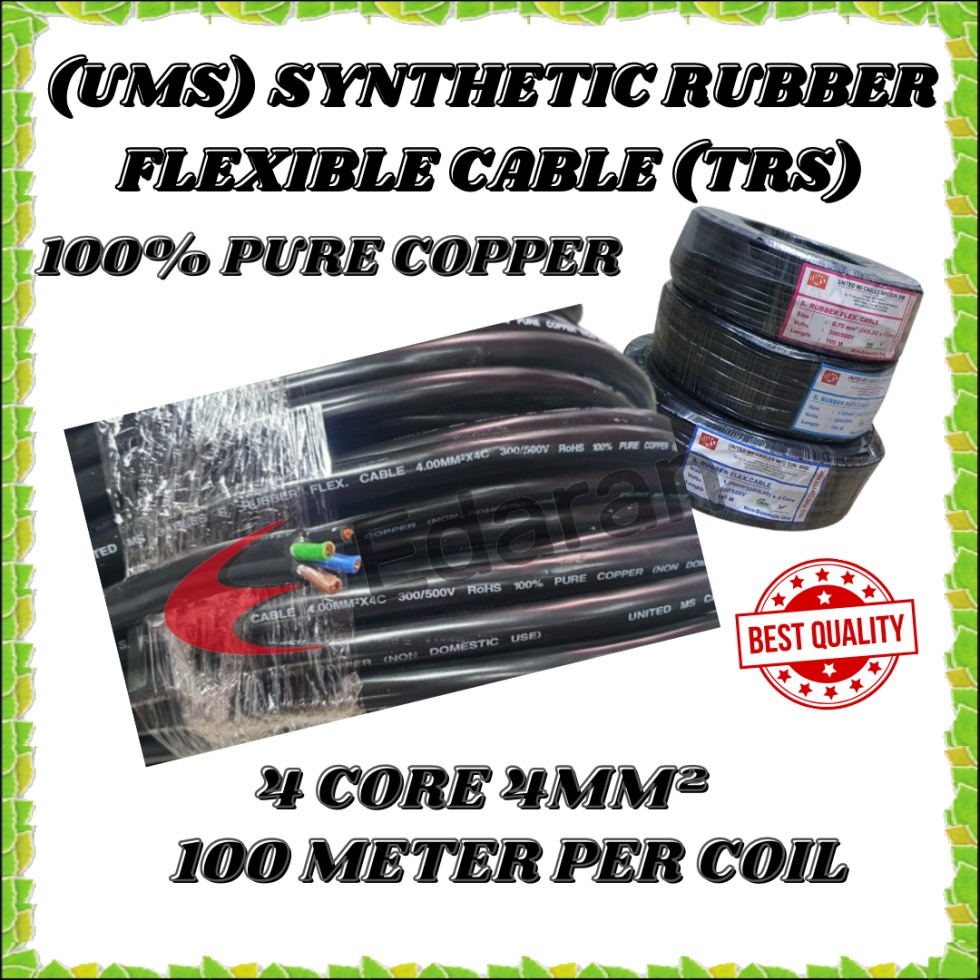 UMS 4 Core 4MM² (56/0.30) 29AMP (TRS) SYNTHETIC RUBBER FLEXIBLE CABLE - BLACK 100% PURE COPPER