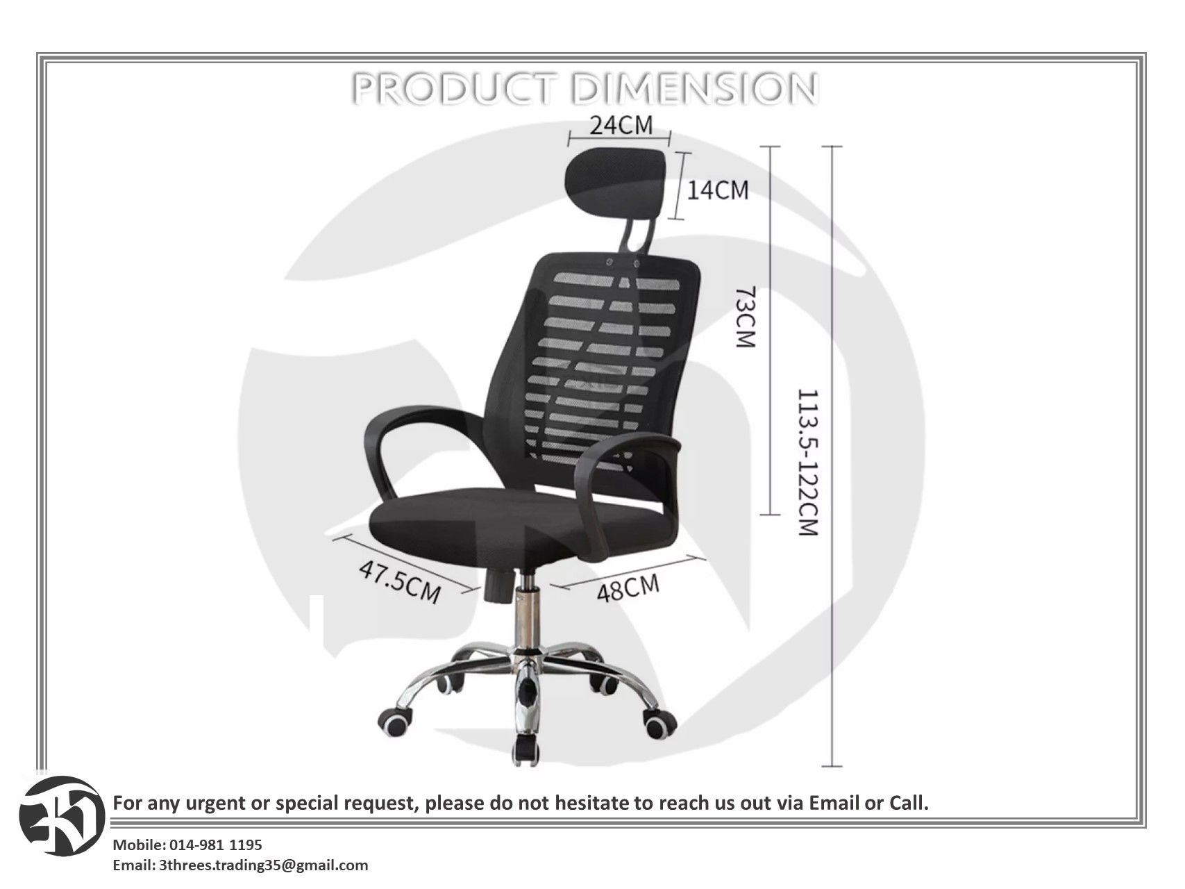 Stylish Comfortable Mesh Office Chair With Headrest Rollers (L47.5 x W48 x H113.5-122cm)